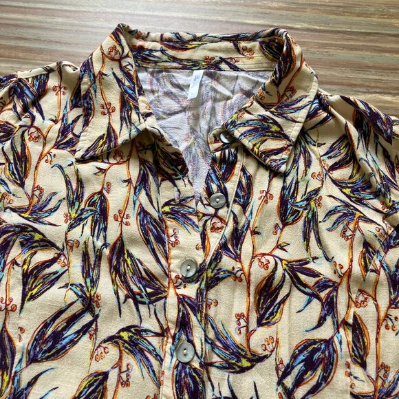 Blue Sky Linen Bamboo Button Up Women's Shirt Short Sleeve Blouse Floral - Picture 5 of 8